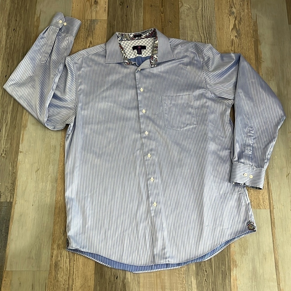 Egara Shirt Button Up Striped Blue White Flip Cuff No Iron Mens 2XLT